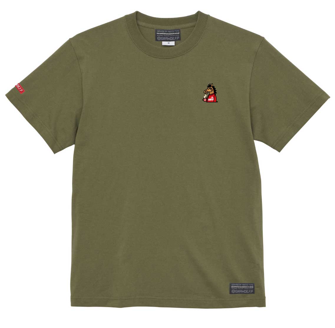 画像1: 【完全予約販売】【ジュニア〜BIGサイズ対応商品】ｘ豊田歩コラボ.「コーヒーブレイク暴れ馬くん」サポートコットン半袖Tシャツ　オリーブ