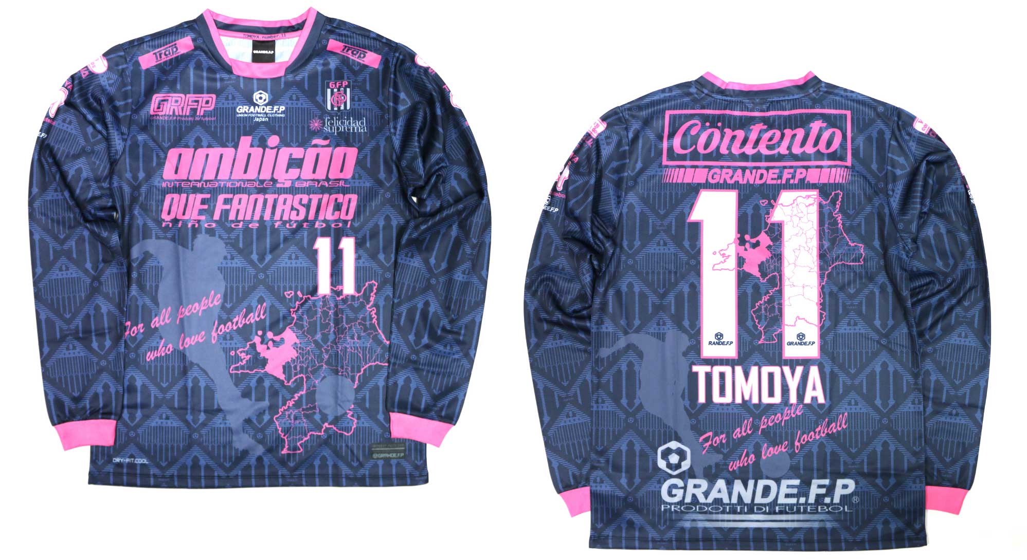 画像1: 【完全予約販売：2026年3月下旬発売〜お届け商品】 【ジュニア〜BIGサイズ対応商品】 2026バージョン.見木友哉ｘGRANDE.F.Pコラボ.TOMOYA・NO.11昇華転写サポートプラシャツ.長袖　ネイビーｘピンク
