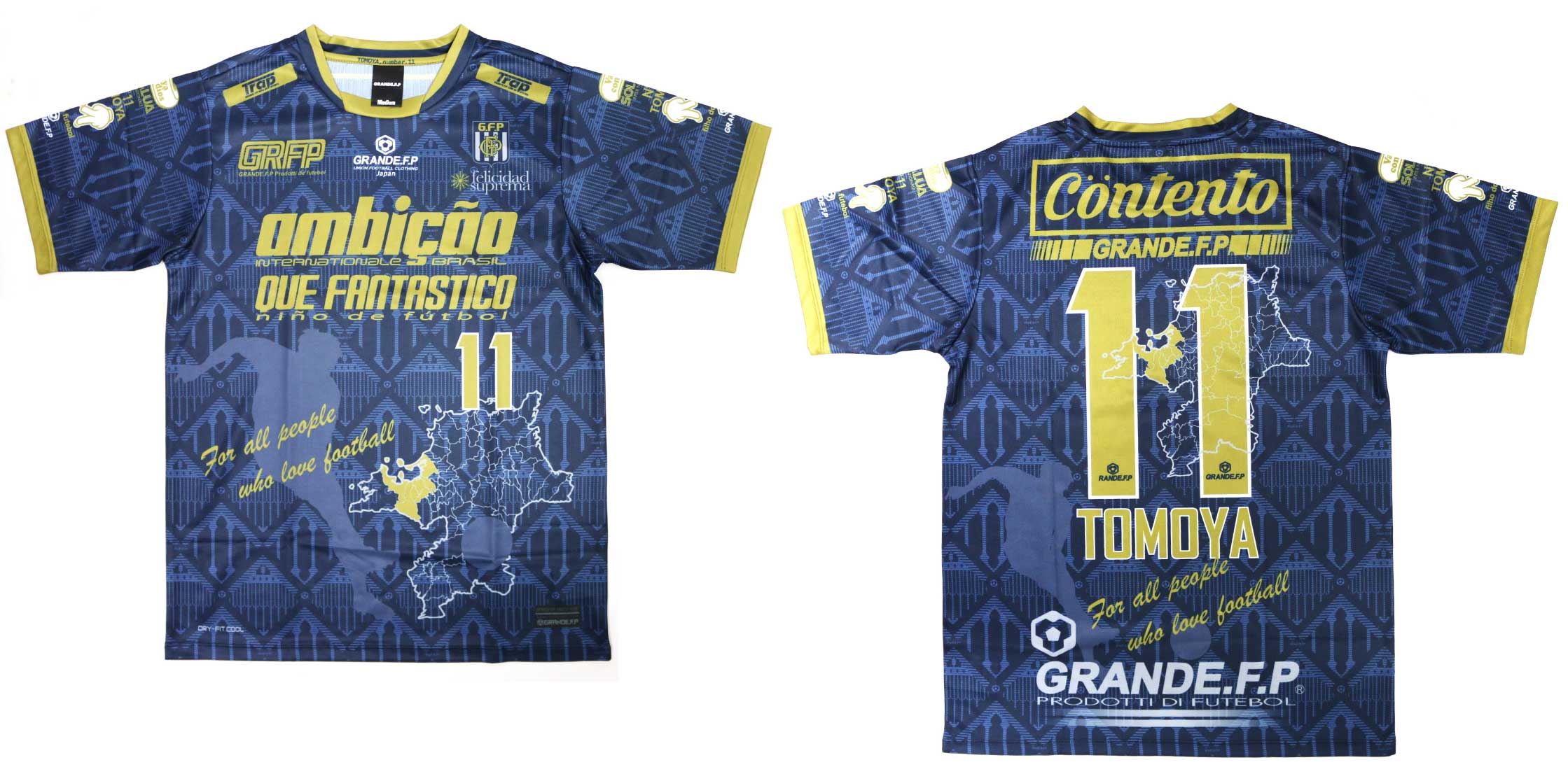 画像1: 【完全予約販売：2026年3月下旬発売〜お届け商品】 【ジュニア〜BIGサイズ対応商品】 2026バージョン.見木友哉ｘGRANDE.F.Pコラボ.TOMOYA・NO.11昇華転写サポートプラシャツ.半袖　ネイビーｘゴールド