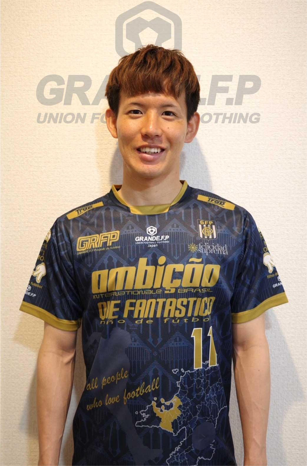 画像2: 【完全予約販売：2026年3月下旬発売〜お届け商品】 【ジュニア〜BIGサイズ対応商品】 2026バージョン.見木友哉ｘGRANDE.F.Pコラボ.TOMOYA・NO.11昇華転写サポートプラシャツ.半袖　ネイビーｘゴールド